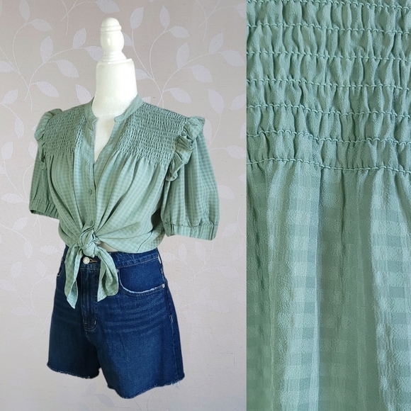 Ann Taylor Gingham Pattern Shirred Ruffle Puff Sleeve Prairie Top Sage Green M - Picture 12 of 12